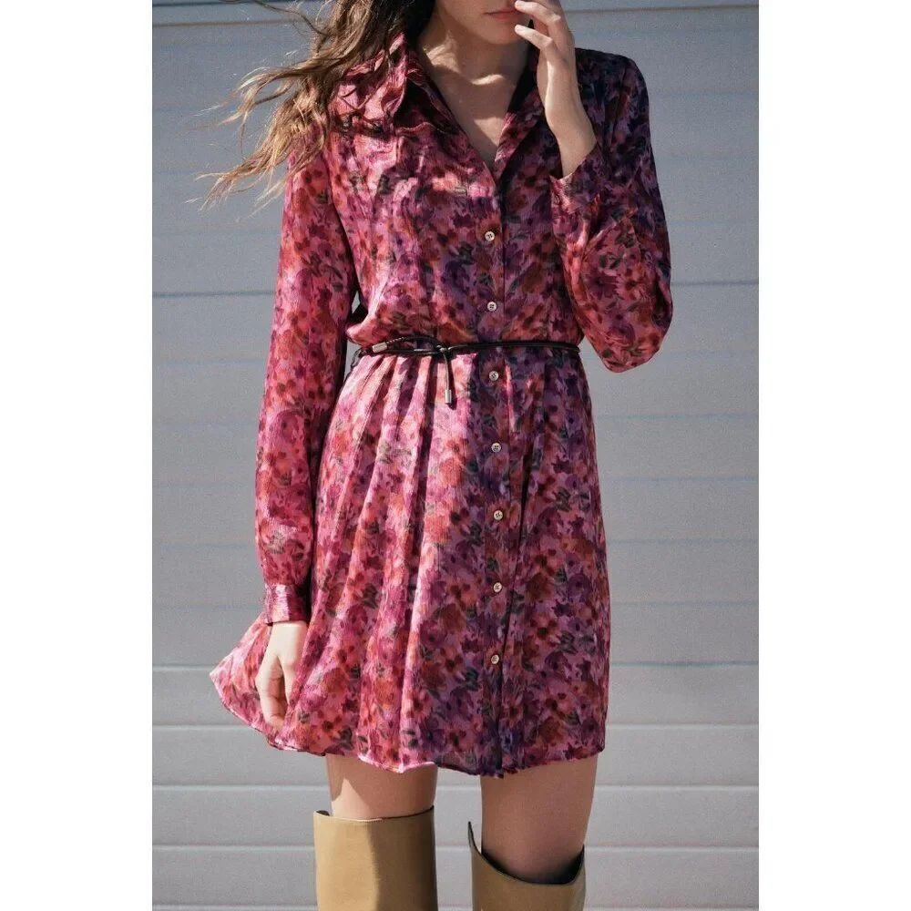 Zara Womens Shirt Mini Dress S Pink Floral Belted Long Sleeve satin 029/174 NWOT